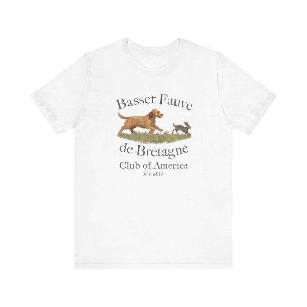 Basset Fauve t-shirt with dog and rabbit graphic.