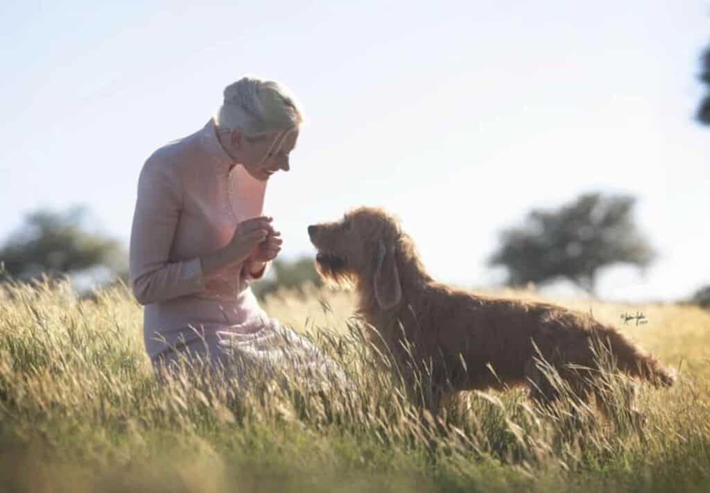 Woman kneeling in field with fluffy dog.